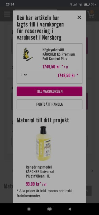 Skärmavbild av onlinebutikens varukorg med en Kärcher K5 Premium högtryckstvätt reserverad för upphämtning i Norsborg.