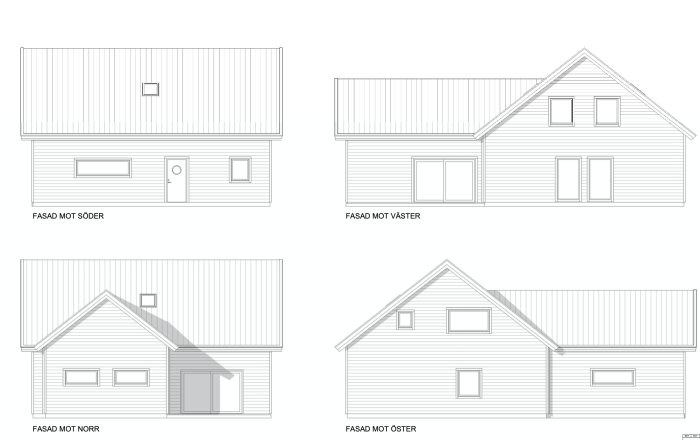 Arkitektritningar av fyra husfasader sett från söder, väster, norr och öster.