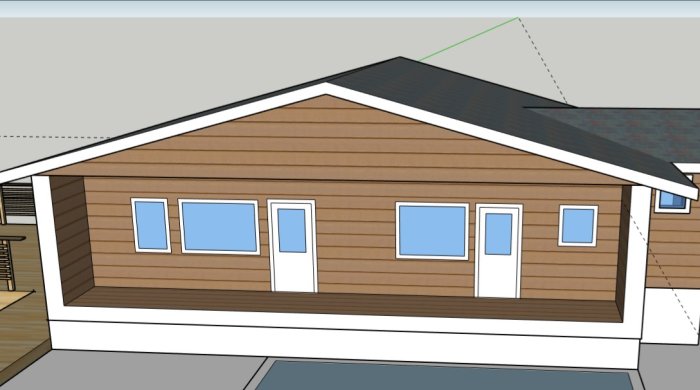 3D-rendering av ett enplanshus med potentiell plats för attefallstillbyggnad på betongplatta.