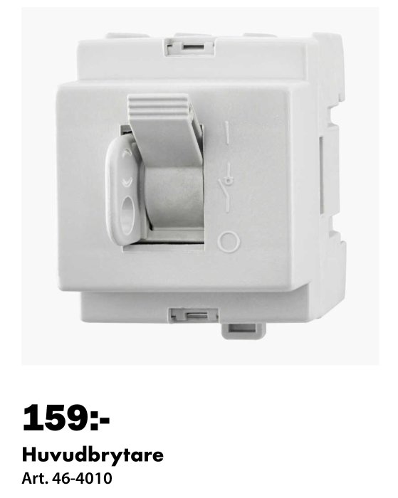 En grå huvudbrytare för elinstallation, Art. 46-4010, med pris och artikelnummer.