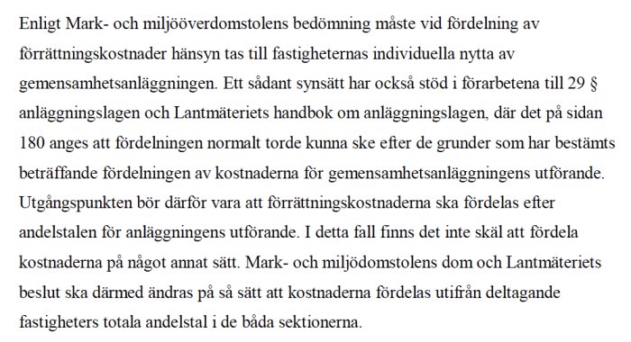 Textutdrag om fördelning av förättningskostnader vid anläggningsåtgärder från juridiskt dokument.