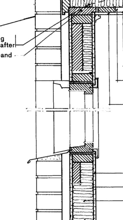 Sektionsskiss av fönsterinstallation i 70-tals hus med drevning och bottningslist.