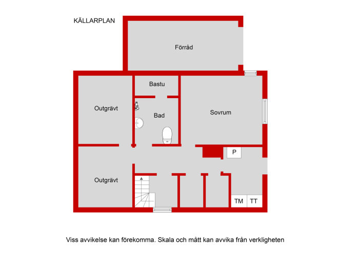 Planritning av ett källarplan med markerade utrymmen för bad, bastu, sovrum och utgrävda delar.