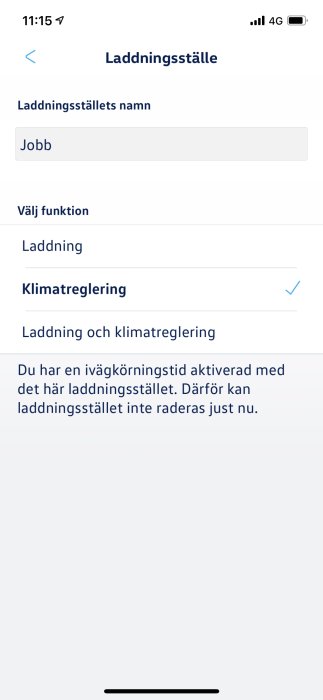 Skärmdump av app med inställningar för laddningsstation inklusive klimatregleringsval markerat.