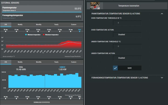 Skärmdump av gränssnitt för Shelly 1PM visar temperatur- och energiförbrukningsstatistik samt inställningar.