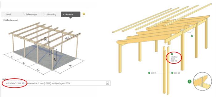 Två ritningar av carportar med olika dimensioner för bärlinor, en visar limträ 90x315 och den andra 45x170.