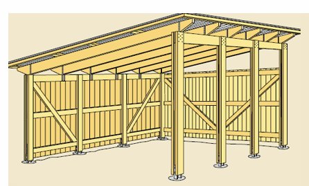 3D-skiss av en träkonstruktion för en carport med takstolar och stolpar.