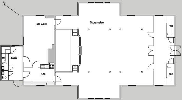 Ritning som visar en planlösning med beteckningar för "Lilla salen", "Stora salen" och "Kök".