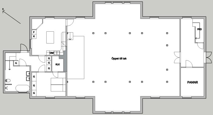 Planritning av ett hus med markerade rum och inredning, som visar den tänkta renoveringen.