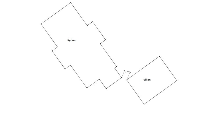 Enkelt ritad planlösning som visar den geografiska relationen mellan kyrkan och villan med avståndsmarkering.