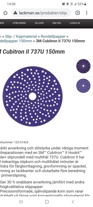 Skärmbild av en webbsida som visar 3M Cubitron II 737U 150mm sliprondell i olika överlägg.