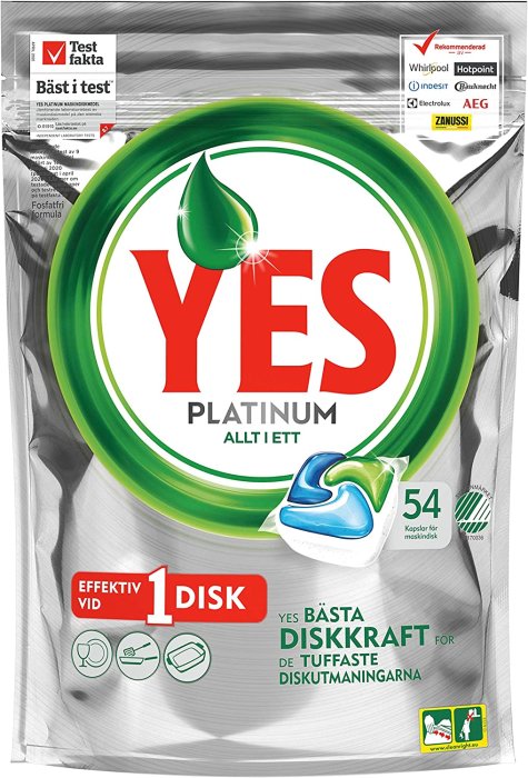 Förpackning av Yes Platinum diskmaskintabletter märkt "Bäst i test" med 54 kapslar.
