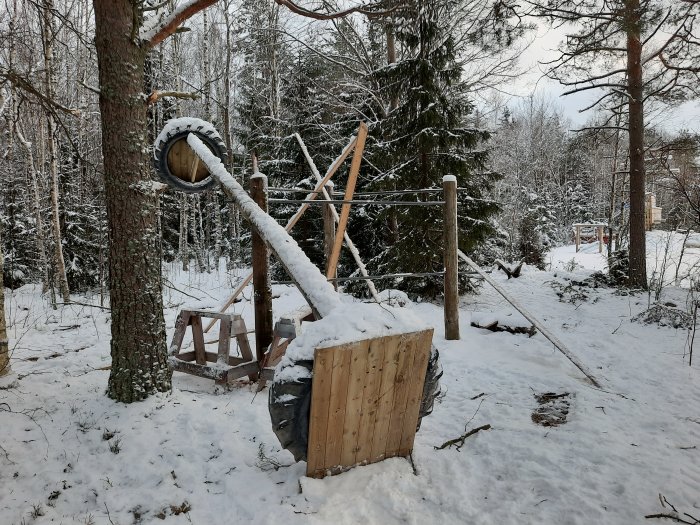 Improviserad trägunga i ett snöigt skogslandskap, med en däckgunga hängandes från en stående konstruktion.