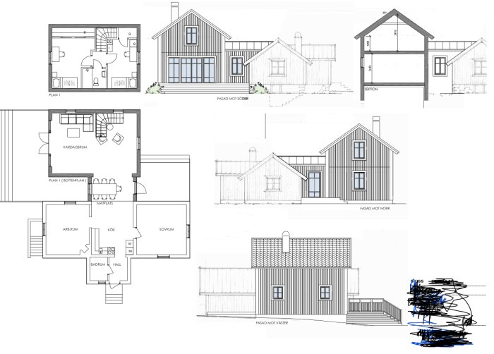 Arkitektritningar av ett hus med planlösningar och fasadvyer, inklusive en tillbyggnad och måttangivelser.