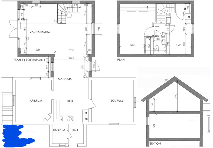 Två arkitektoniska ritningar av ett hus och dess sektion med måttangivelser och rumsmarkeringar.