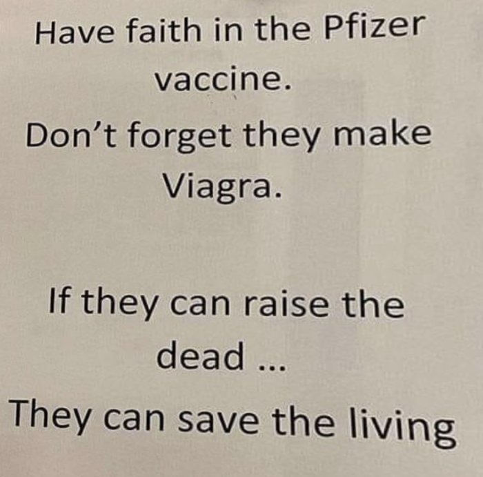 Text på papper som jämför Pfizer-vaccinet med Viagra och använder humor för att uttrycka tillit till vaccinets effektivitet.