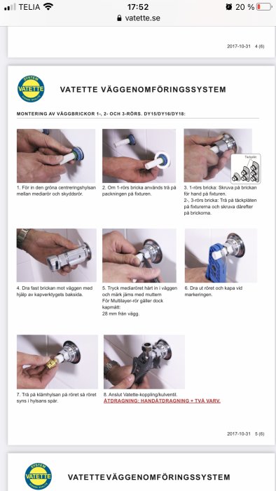 Instruktionsbilder för montering av ett väggenomföringssystem, steg för steg guide.