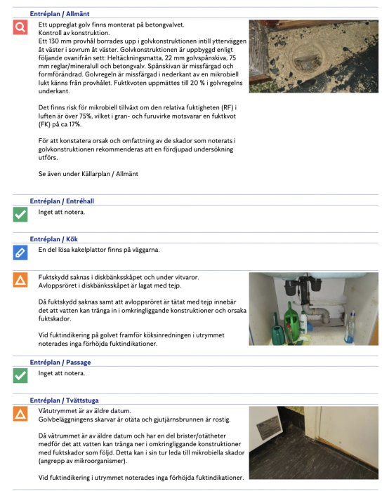 Skärmdump av besiktningsprotokoll med markeringar och foto av ett betonggolv med skador och fuktindikationer.