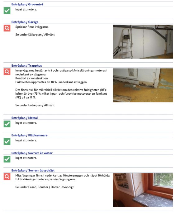 Besiktningsprotokoll med bilder på fukt och rostiga spikar vid ett trapphus samt missfärgningar vid ett fönster i ett hus från 70-talet.