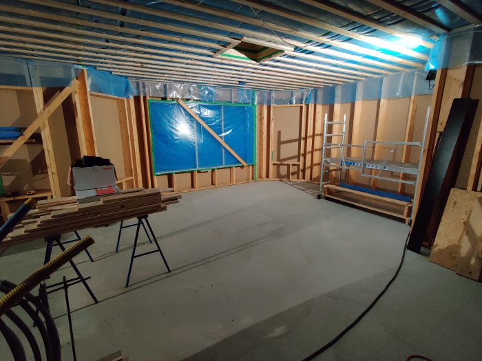Ett oavslutat renoveringsrum med blå presenningar, träreglar och byggmaterial.