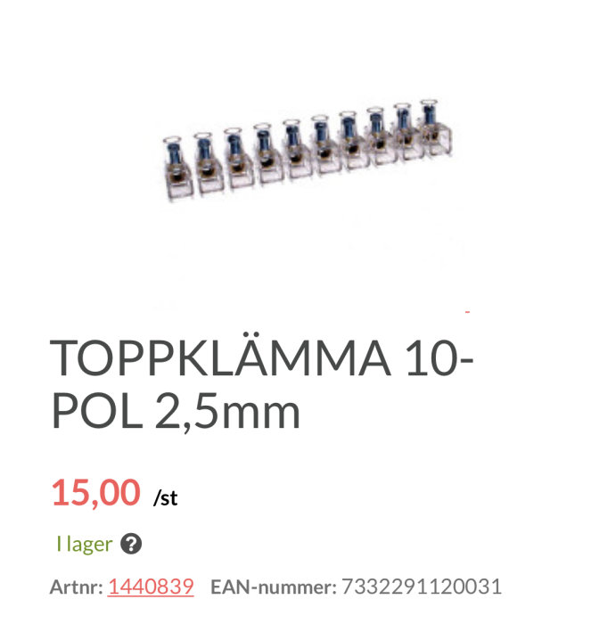 Rad med toppklämmor 10-pol 2,5mm för elinstallation, visar pris och artikelnummer.