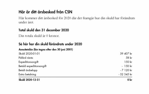 Skärmbild av ett skuldebrev från CSN som visar en skuld på 0 kr efter årets betalningar och amorteringar.