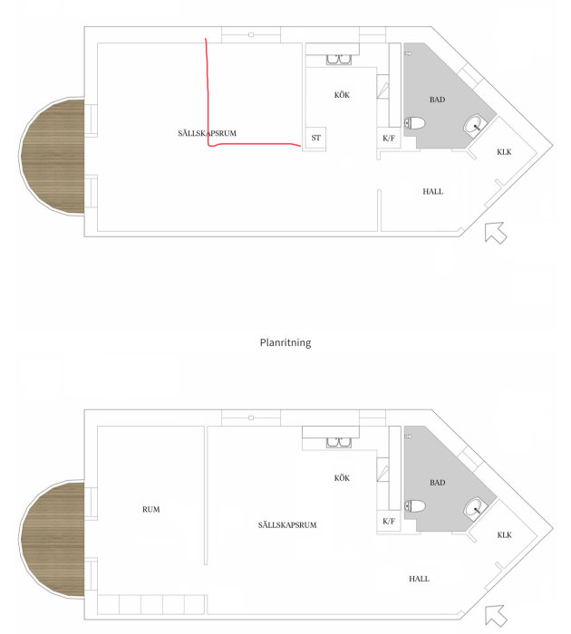 Två planlösningar för en lägenhet, övre med nya väggar markerade i rött, nedre med annat förslag.
