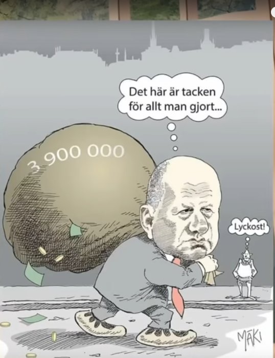 Illustration av man som bär på stor stensäck märkt med "3,900,000" med pratbubbla, "Lyckost" skylt i bakgrunden.