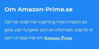 Informationsruta som klargör att Amazon-Prime.se inte är associerat med Amazon utan är en informativ sida.