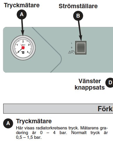 Tryckmätare med röd visare på 0,5 bar och svart visare på 0, vid sidan av en strömställare, på en värmepumps manual.