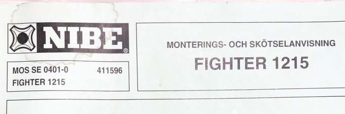 Första sidan av en monterings- och skötselanvisning för NIBE Fighter 1215 värmepump.