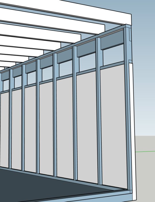 Illustration av en förrådsstruktur med reglar, isolering och en vit betongvägg som botten.