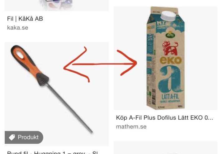 Röd pil pekar på en bild av en handfil och på en mjölkförpackning med fil, illustration av filbyte vs körfältsbyte.