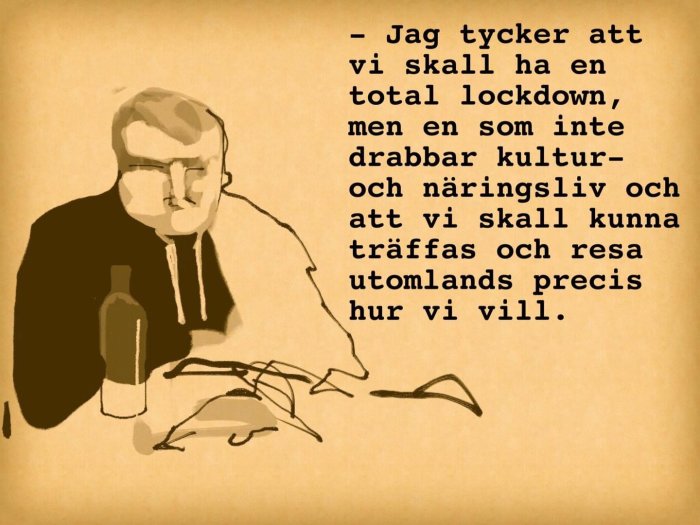 Illustration av en person som talar med textcitat om lockdown som inte påverkar kultur och näringsliv.