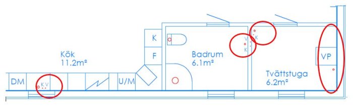 Ritning av en planlösning med markerade vattenpunkter med röda cirklar för kök, badrum och tvättstuga.