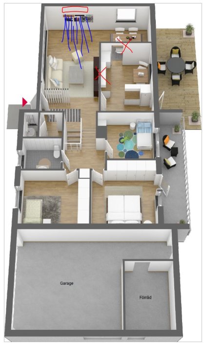 3D-planlösning av ett tvåvåningshus med indikationer för renovering och placering av luftvärmepump.