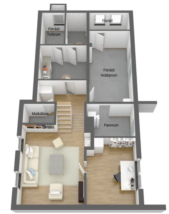 Planlösning av en våning i ett hus med etiketterade rum som vardagsrum, kök, pannrum och förvaring.