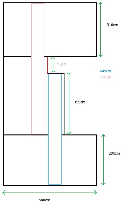 Skiss över övervåning med dimensioner för planering av rörelsefogar vid golvläggning.