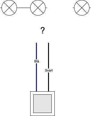 Elektriskt kopplingsschema som visar en strömbrytare med blå och svart ledare och tre lampor med oklar koppling.