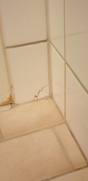 Skadad klinkerplatta nära golvbrunn och sprucken kakelplatta på vägg i badrum.
