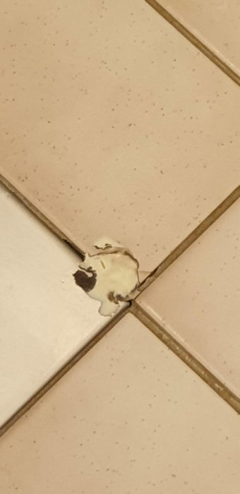 Skadad klinkerplatta nära golvbrunn med bortbruten bit och sprickor.