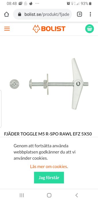 Fjädertoggle M5 R-SPO Rawl EFZ 5x50 för fastsättning, visas isärtagen.