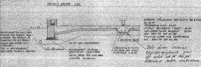 Grundritning för huskonstruktion från 1979-1980 med detaljerad markering av isolerings och materiallager.