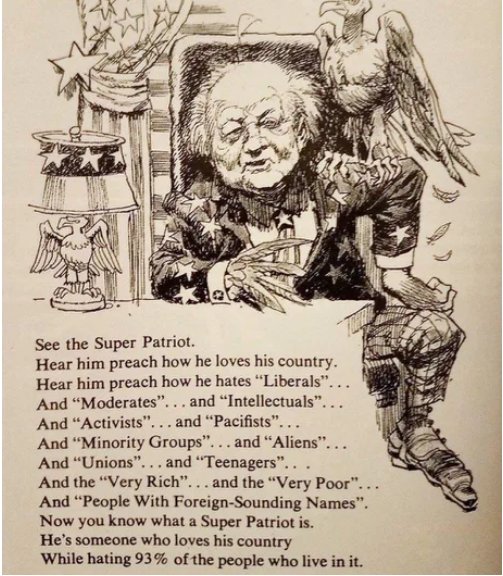 Illustration från MAD magazine 1968 som visar en karikerad Super Patriot med en örn.