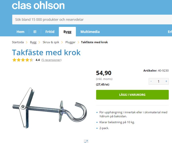Takkrok för upphängning visas på Clas Ohlson webbsida, komplett med pris och produktinformation.