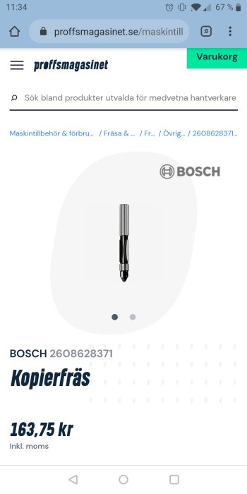 Bosch kopierfräs som visas på mobilskärm med pris och produktnummer.