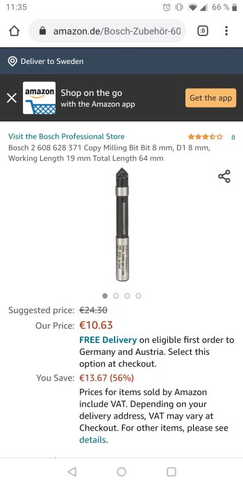 Skärmbild från Amazon visar Bosch kopierfräs med specifikationer och prisinformation.