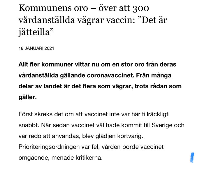 Skärmdump av en nyhetsartikel om kommunernas oro över vårdanställda som vägrar vaccin, daterad 18 januari 2021.