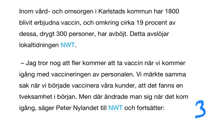 Skärmdump av en nyhetsartikel som diskuterar vaccinationstveksamheten inom vård- och omsorgen i Karlstad.