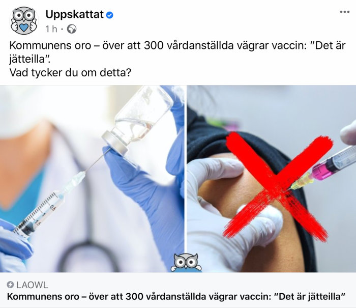 Vaccinflaska och spruta med ett stort rött kryss över vaccinationsbild som symboliserar vaccinvägran.